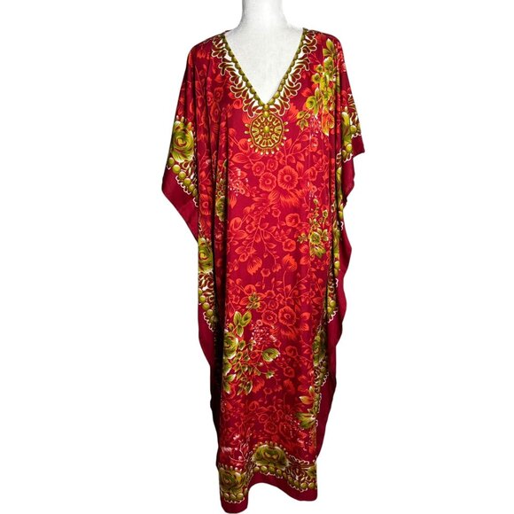 Miss Lavish London Floral Kaftan Maxi Dress One Size Red Pockets V Neck Resort - Picture 1 of 7